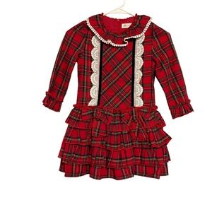Pettigirl Girls Red Tartan Plaid Holiday Dress Lace Trim Ruffle Tiered Size 8